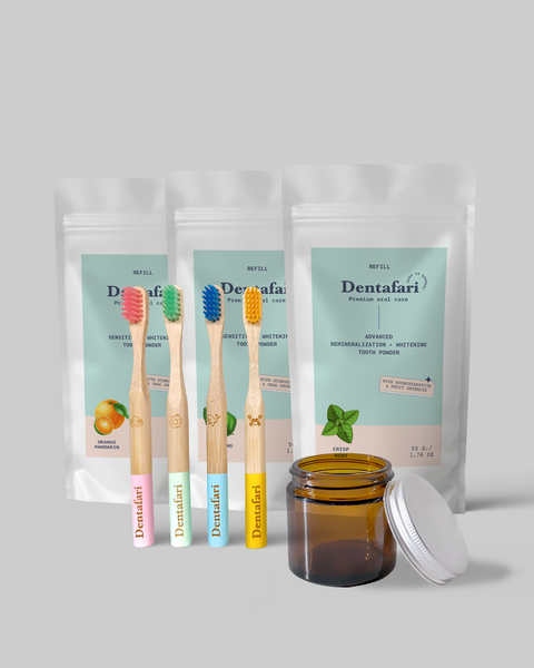 Dentafari Sortiment – Zahnpulver Refill-Beutel, Bambus-Zahnbürsten und Braunglas-Tiegel