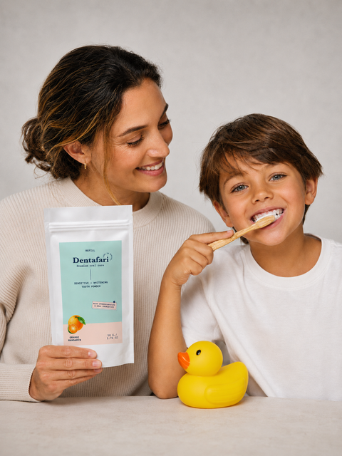 Hydroxylapatit Zahnpulver Sensitive – Orange-Mandarine für Kinder mit oralen Probiotika und Bambus Kinder Zahnbürste
